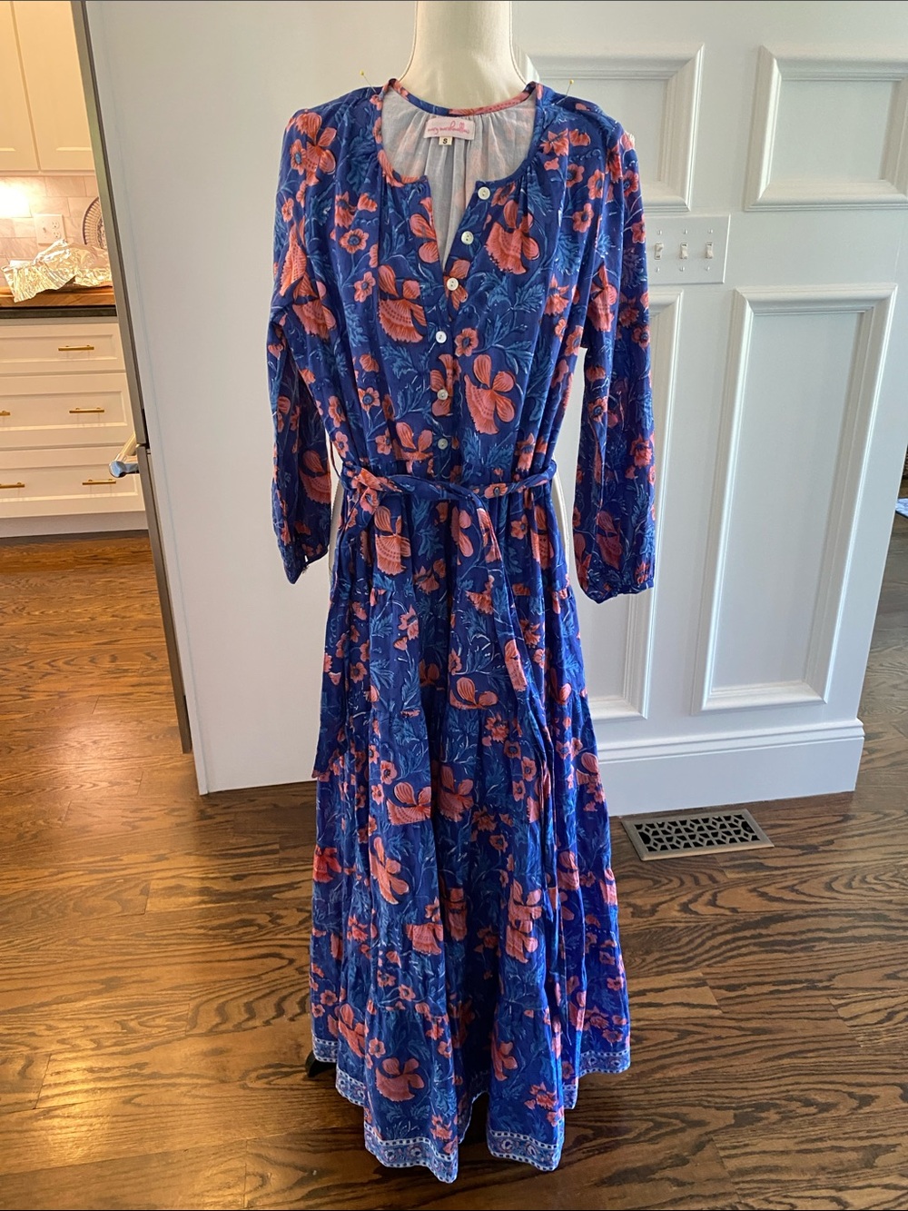 Blue Floral Maxi Dress with Coral Pink Print and Self-Tie Waist